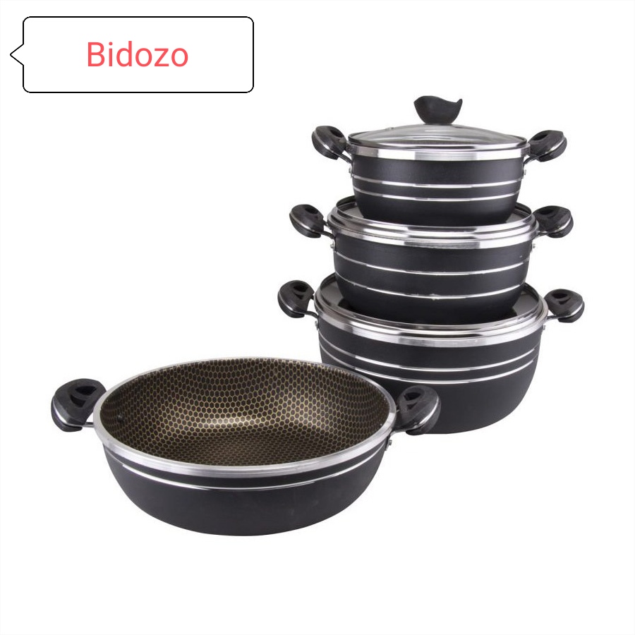  ویژگی های  سرویس پخت و پز لانه زنبوری 7 پارچه هلنا:- اقلام سرویس : 3 عدد قابلمه , 1 عدد تابه- سایز قابلمه : 14 , 16 , 18 سایز تابه : 18- طرح داخل سرویس : زنبوری- جنس روکش داخلی : تفلون - ساختار بدنه : آلومینیوم - جنس در : شیشه- تعداد : 7 پارچه- سبک و راحت